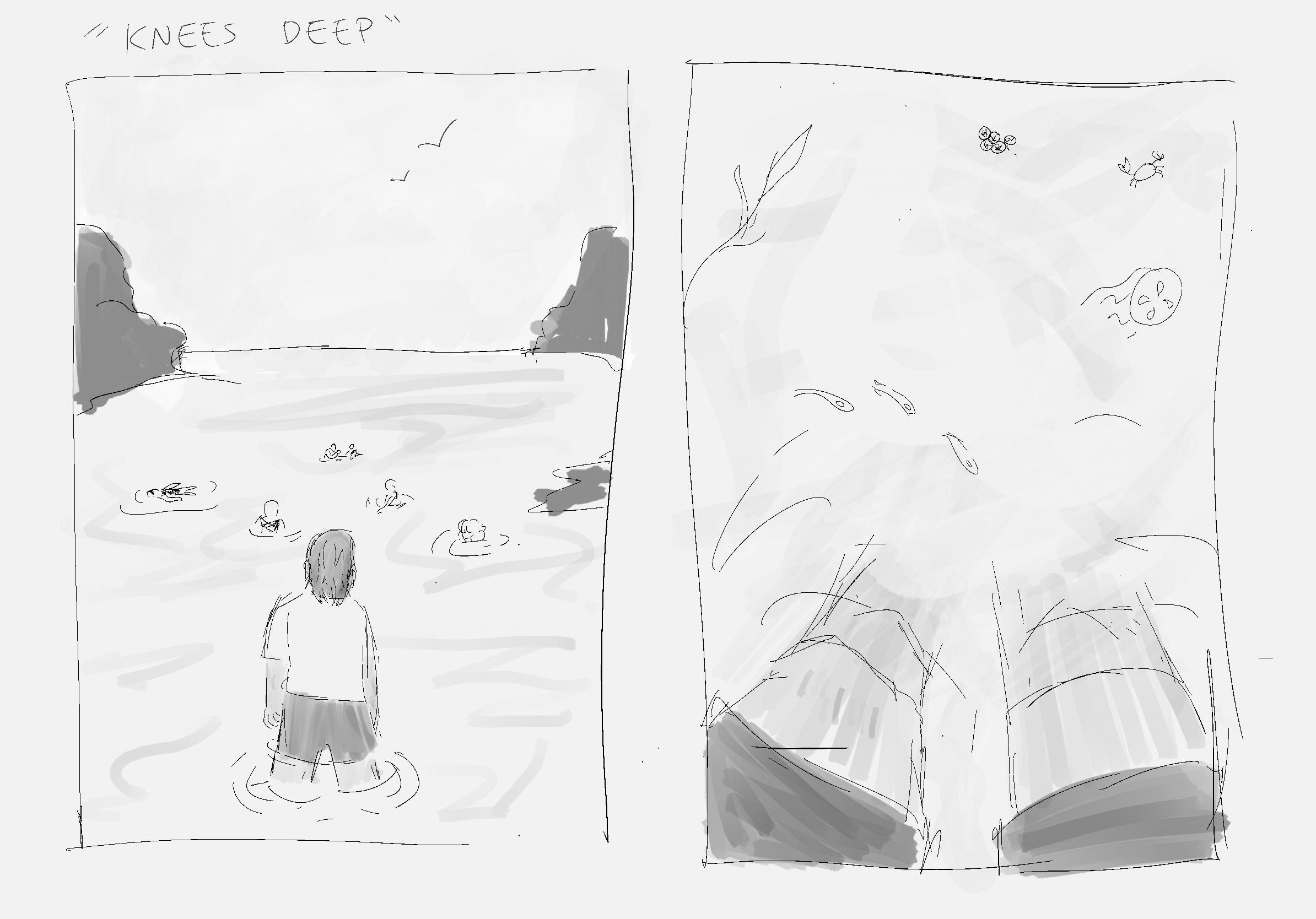 a two panel grayscale comic with loose lines. in panel one, a figure stands in the oceanwith their back to the viewer, and in the background there are other people swimming. in panel two, there is a downwardview of legs standing in the ocean with fish, a jelly, a crab, and barnacles.