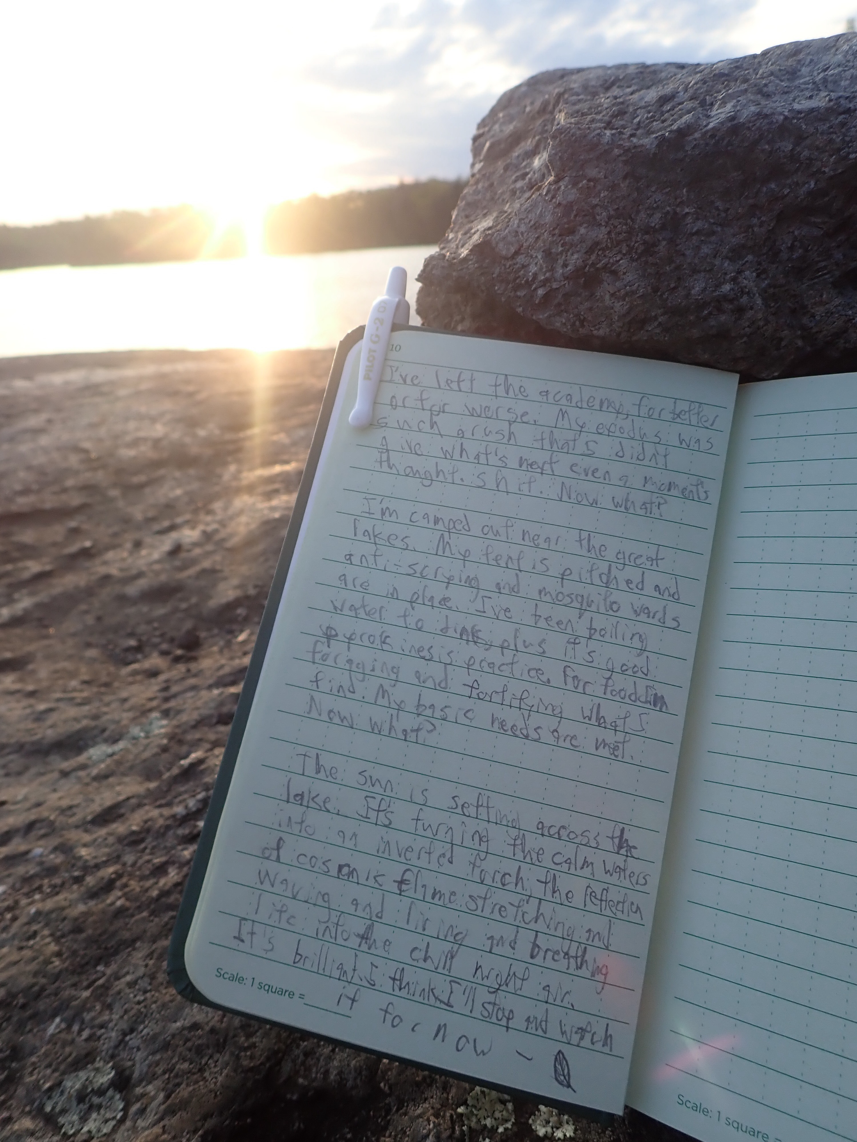 a picture of a notebook with a pen clipped to it resting against a stone, overlooking a lake and pine trees on the other side, with the sun setting. written in the notebook are the above contents.