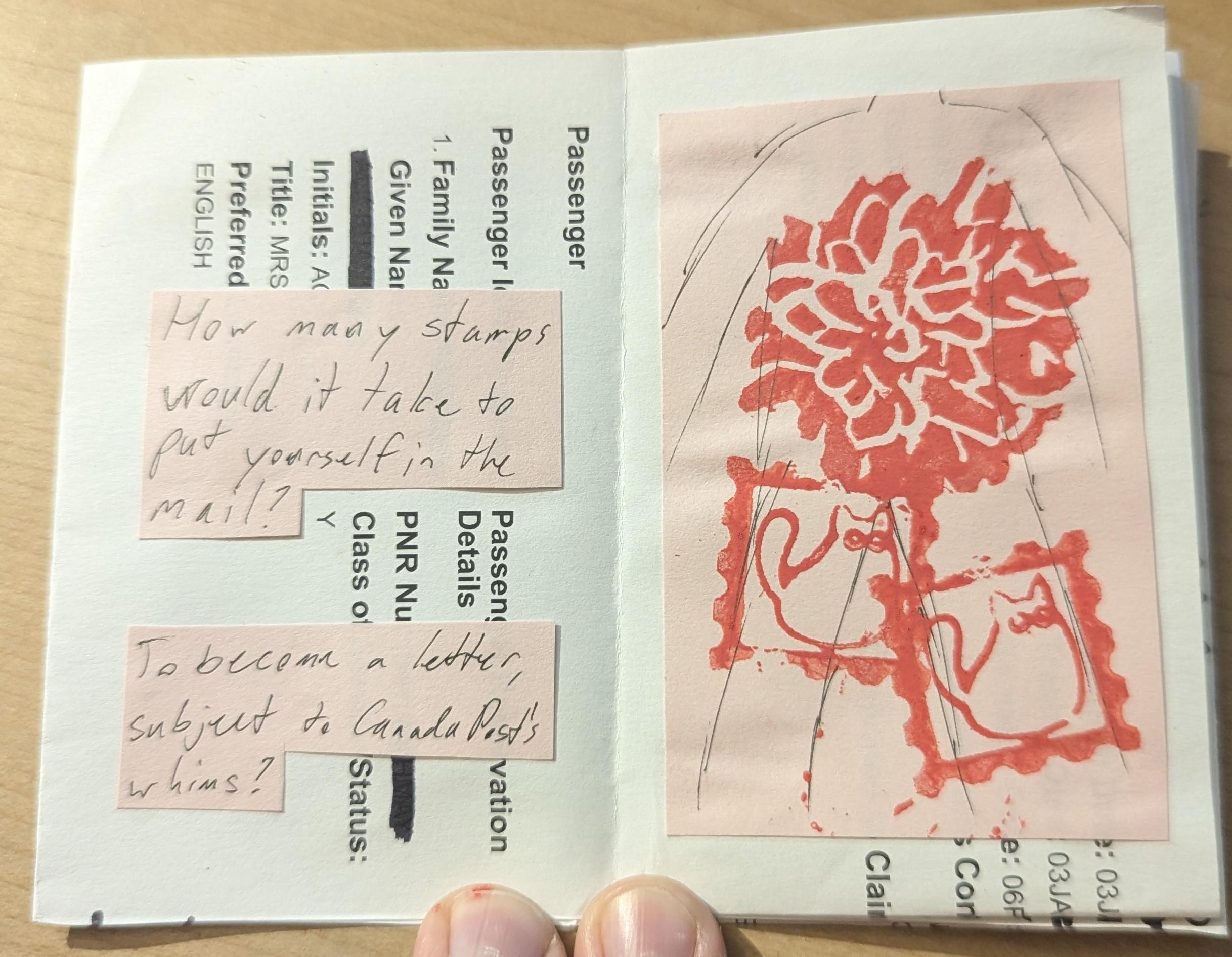 How many stamps would it take to put yourself in the mail? / To become a letter, subject to CanadaPost's whims? A sketch of a body, covered in a chrysanthimum stamp and two small red cat stamps.